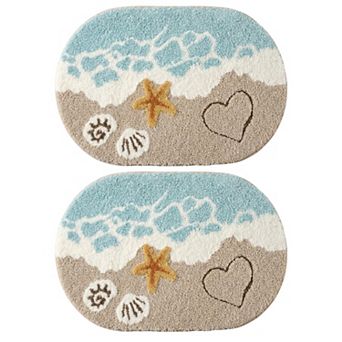 2 pc Beach Inspired Tufted Bathroom Bath Mats Set with Seashell Starfish Pattern Soft Plush Texture
