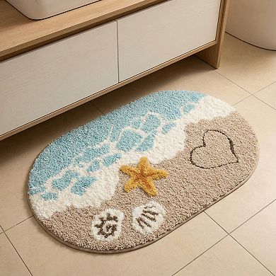 2-PC Beach Inspired Tufted Bathroom Bath Mats Set with Seashell Starfish Pattern Soft Plush Texture