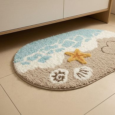 2-PC Beach Inspired Tufted Bathroom Bath Mats Set with Seashell Starfish Pattern Soft Plush Texture