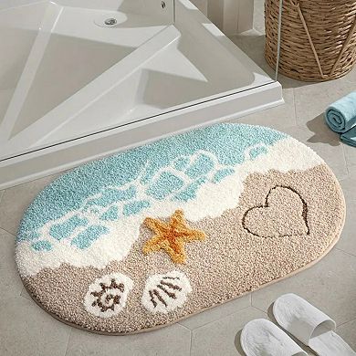 2-PC Beach Inspired Tufted Bathroom Bath Mats Set with Seashell Starfish Pattern Soft Plush Texture