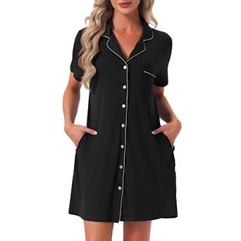 Women's Nightgowns Button Down Short Sleeve Sleep Shirts Nightshirt Pajama Dress with Pockets