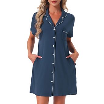 Women's Nightgowns Button Down Short Sleeve Sleep Shirts Nightshirt Pajama Dress with Pockets