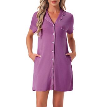 Women's Nightgowns Button Down Short Sleeve Sleep Shirts Nightshirt Pajama Dress with Pockets