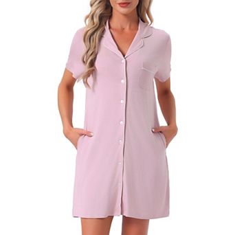 Women's Nightgowns Button Down Short Sleeve Sleep Shirts Nightshirt Pajama Dress with Pockets