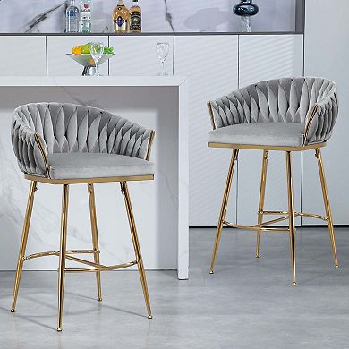 26 Inch Velvet Counter Height Bar Stools with Wave Back and Golden Chromed Base Set