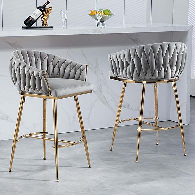 26 Inch Velvet Counter Height Bar Stools with Wave Back and Golden Chromed Base Set