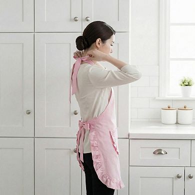Ruffle Trim Valentine Heart Pocket Kitchen Apron with Adjustable Neck and Waist Ties