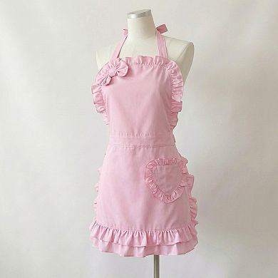 Ruffle Trim Valentine Heart Pocket Kitchen Apron with Adjustable Neck and Waist Ties
