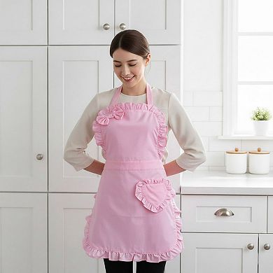 Ruffle Trim Valentine Heart Pocket Kitchen Apron with Adjustable Neck and Waist Ties