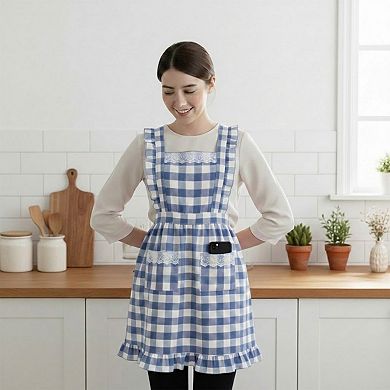 Ruffle Trim Striped Kitchen Apron with Dual Front Pockets Adjustable Waist Ties