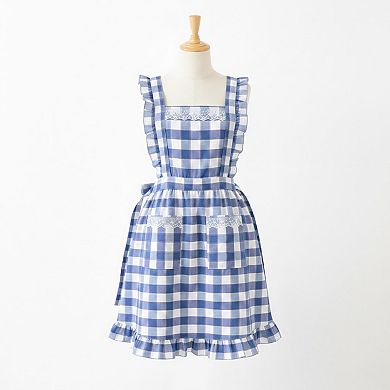 Ruffle Trim Striped Kitchen Apron with Dual Front Pockets Adjustable Waist Ties