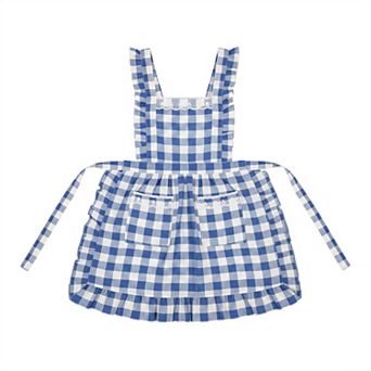 Ruffle Trim Striped Kitchen Apron with Dual Front Pockets Adjustable Waist Ties
