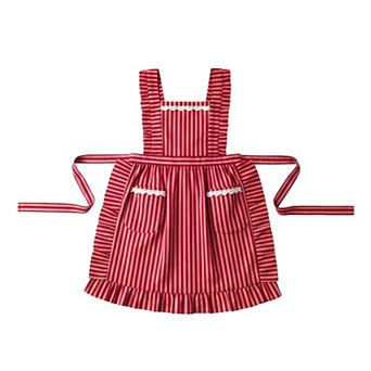 Ruffle Trim Striped Kitchen Apron with Dual Front Pockets Adjustable Waist Ties