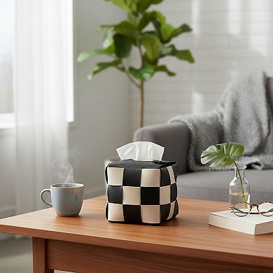 Woven Checkered Tissue Box Cover with Soft Structured Design