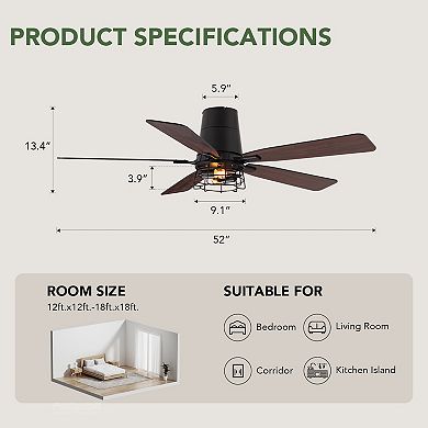 Moooni 52" Industrial Wood & Iron Ceiling Fan with Remote,2 Lights