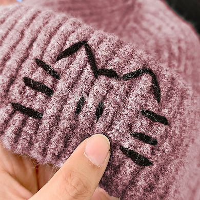 Women's Knitted Beanie with Cat Embroidery - Cute & Warm Winter Hat for Cold Weather