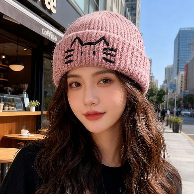 Women's Knitted Beanie with Cat Embroidery - Cute & Warm Winter Hat for Cold Weather