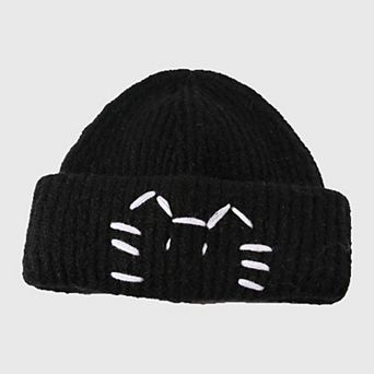 Women's Knitted Beanie with Cat Embroidery - Cute & Warm Winter Hat for Cold Weather