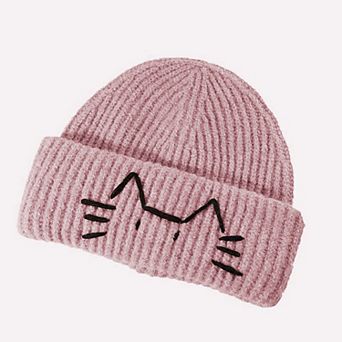 Women's Knitted Beanie with Cat Embroidery - Cute & Warm Winter Hat for Cold Weather