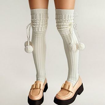 Women's Over-the-Knee Knit Socks with Pom Pom Tie and Ribbed Pattern