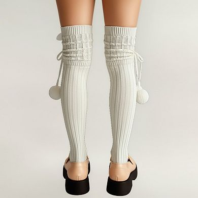 Women's Over-the-Knee Knit Socks with Pom Pom Tie and Ribbed Pattern