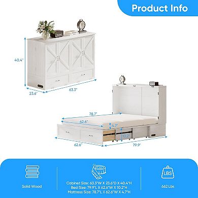 63" W Queen Murphy Cabinet Bed with Tri-Folding Mattress, Charging Station & Drawer Storage for Home