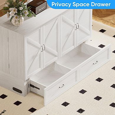 63" W Queen Murphy Cabinet Bed with Tri-Folding Mattress, Charging Station & Drawer Storage for Home