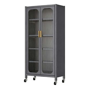 65 Inch Metal Kitchen Pantry Storage Cabinet with Transparent Door and Adjustable Shelves