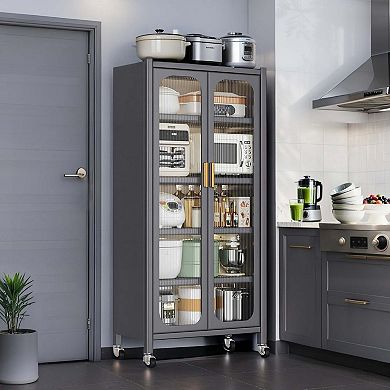 65 Inch Metal Kitchen Pantry Storage Cabinet with Transparent Door and Adjustable Shelves