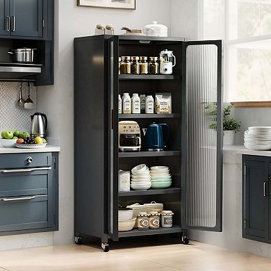 65 Inch Metal Kitchen Pantry Storage Cabinet with Transparent Door and Adjustable Shelves