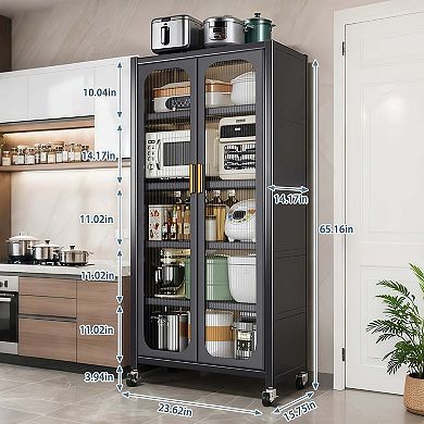65 Inch Metal Kitchen Pantry Storage Cabinet with Transparent Door and Adjustable Shelves