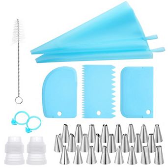 34 pc Reusable Piping Bag and Decorating Tip Set with Scrapers and Cleaning Brush