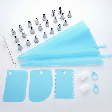 34-Piece Reusable Piping Bag and Decorating Tip Set with Scrapers and Cleaning Brush