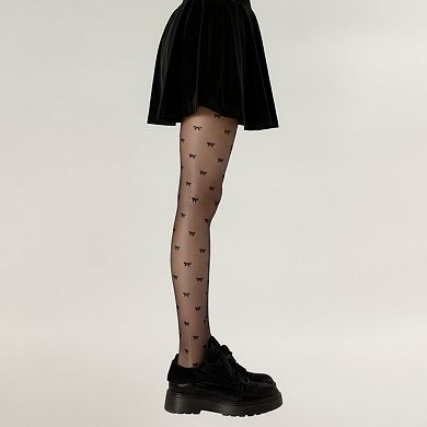 Women's Sheer Tights with Allover Bow Pattern Design