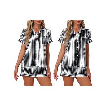 2 Sets Women's 2 pc Pajama Set Button Down Shirt and Shorts Contrast Sleepwear