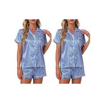 2 Sets Women's 2 pc Pajama Set Button Down Shirt and Shorts Contrast Sleepwear