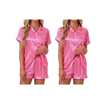 2 Sets Women's 2 pc Pajama Set Button Down Shirt and Shorts Contrast Sleepwear