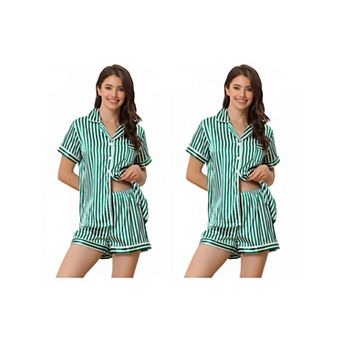 2 Sets Women's 2 pc Pajama Set Button Down Shirt and Shorts Contrast Sleepwear