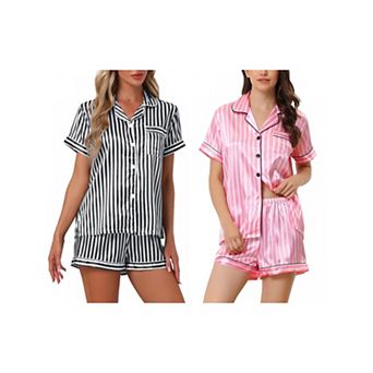 2 Sets Women's 2 pc Pajama Set Button Down Shirt and Shorts Contrast Sleepwear