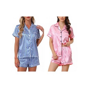 2 Sets Women's 2 pc Pajama Set Button Down Shirt and Shorts Contrast Sleepwear