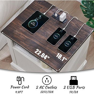22" Modern Nightstand with Charging Station, 2 Drawer, Open Shelf, Bedside Table for Bedroom