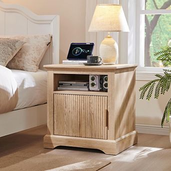 22" Modern Nightstand with Charging Station, 2 Drawer, Open Shelf, Bedside Table for Bedroom