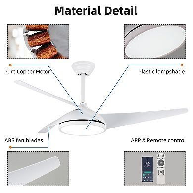 52" Modern 3 ABS Blades Flush Mount Standard Ceiling Fan with Integrated LED and Remote