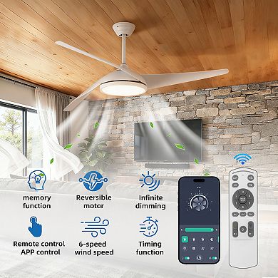 52" Modern 3 ABS Blades Flush Mount Standard Ceiling Fan with Integrated LED and Remote