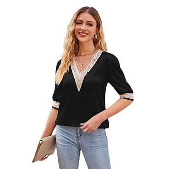 Womens 3/4 Sleeve Shirts Lace V Neck Color Block Causal Dressy Tops Hollow Floral Summer Shirts