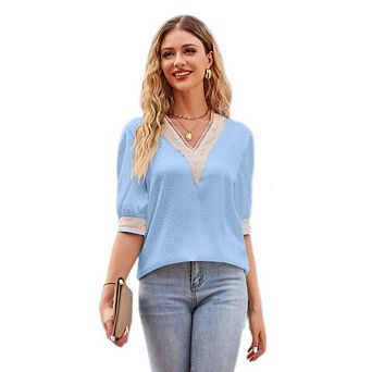 Womens 3/4 Sleeve Shirts Lace V Neck Color Block Causal Dressy Tops Hollow Floral Summer Shirts