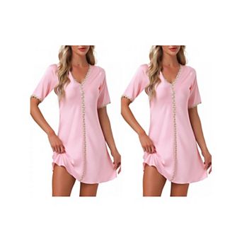 2 Packs Women's Nightgown Floral Sleepdress Soft V Neck Short Sleeve Loungewear