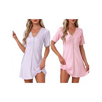 2 Packs Women's Nightgown Floral Sleepdress Soft V Neck Short Sleeve Loungewear