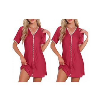 2 Packs Women's Nightgown Floral Sleepdress Soft V Neck Short Sleeve Loungewear