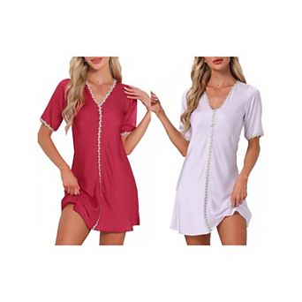 2 Packs Women's Nightgown Floral Sleepdress Soft V Neck Short Sleeve Loungewear